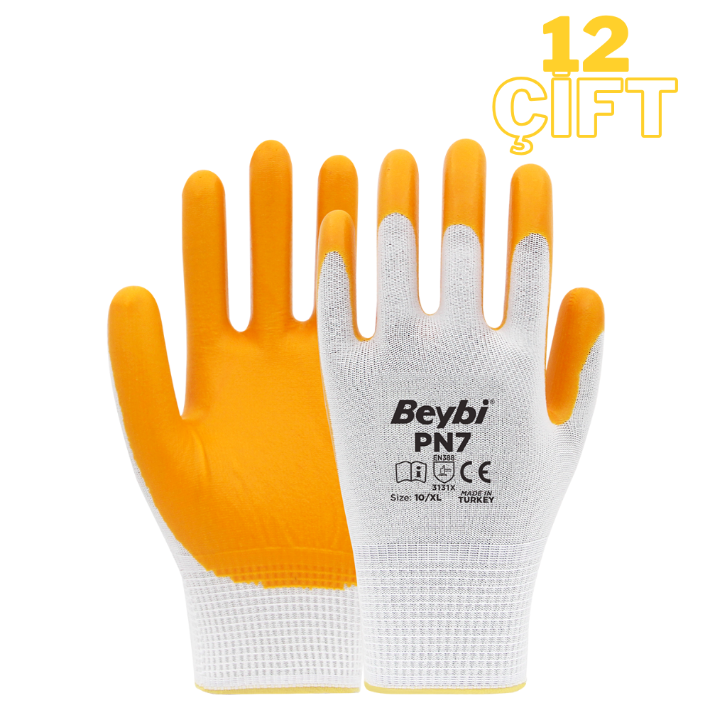 Beybi PN7 Polyester Örme Nitril Eldiven, 1 Paket (12 Çift)